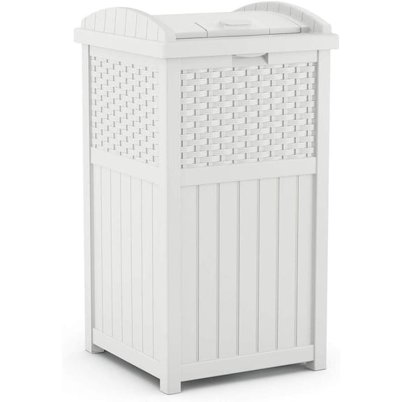 Wicker Resin Outdoor Hideaway Trash Can with Latching Lid for Use in Backyard, Deck, or Patio, White