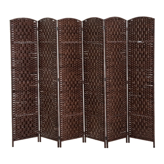Wicker Room Divider 6 Panel, 6' Tall Privacy Screen - Brown, Poplar Wood Frame, Folding Decorative Partition for Home Office Living Room