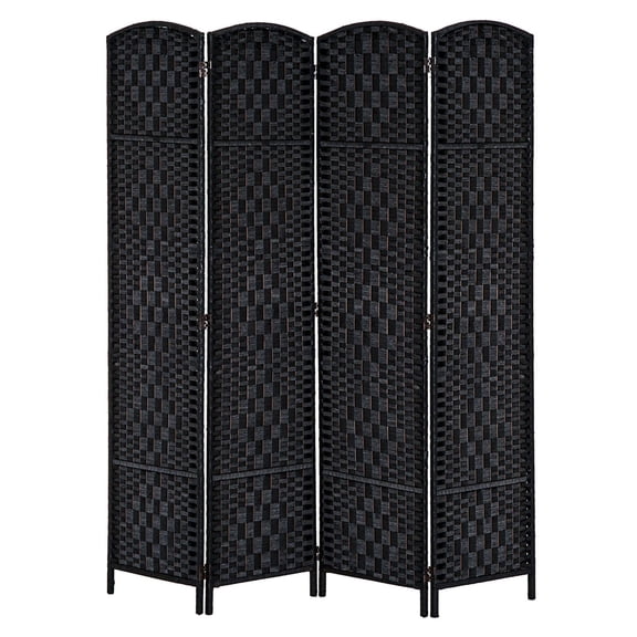 Wicker Room Divider 6ft Tall - 4 Panel Folding Privacy Screen - Black - Poplar Wood Frame - Decorative Room Partition for Home, Office, Studio