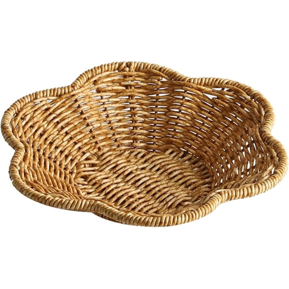 Wicker Round Basket, Scalloped Serving Tray, Oval, Natural, Polypropylene, for Coffee Table Organizing
