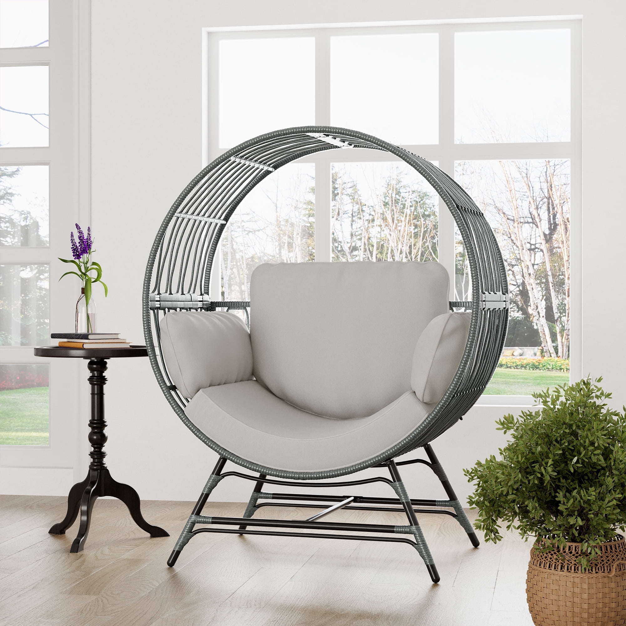 Walmart exclusive discounts  Wicker Round Egg Chair, Oversized Indoor Outdoor Lounger for Patio Living Room, w/ 4 Cushions, Steel Frame, 330lbs Capacity(GR-LR)