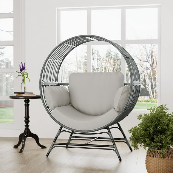 Wicker Round Egg Chair, Oversized Indoor Outdoor Lounger for Patio Living Room, w/ 4 Cushions, Steel Frame, 330lbs Capacity(GR-LR)