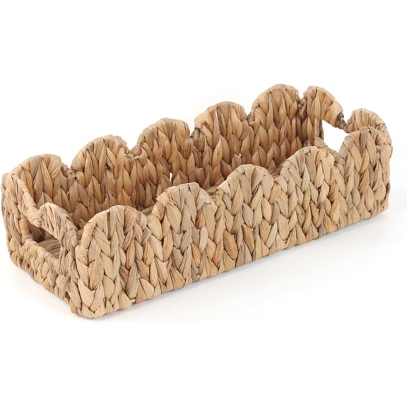 Wicker Scalloped Storage Basket Boho Bathroom Decor Baskets for Shelves, Countertop, Toilet Tank, Rectangular Basket with Handle Farmhouse Home Organizer (Natural, 15.7"D x 6.6"W x 4.3"H)
