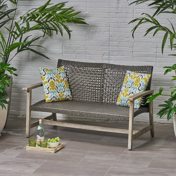 Wicker Seat with Complemented Acacia Frame / Natural - Look Outdoor Loveseat