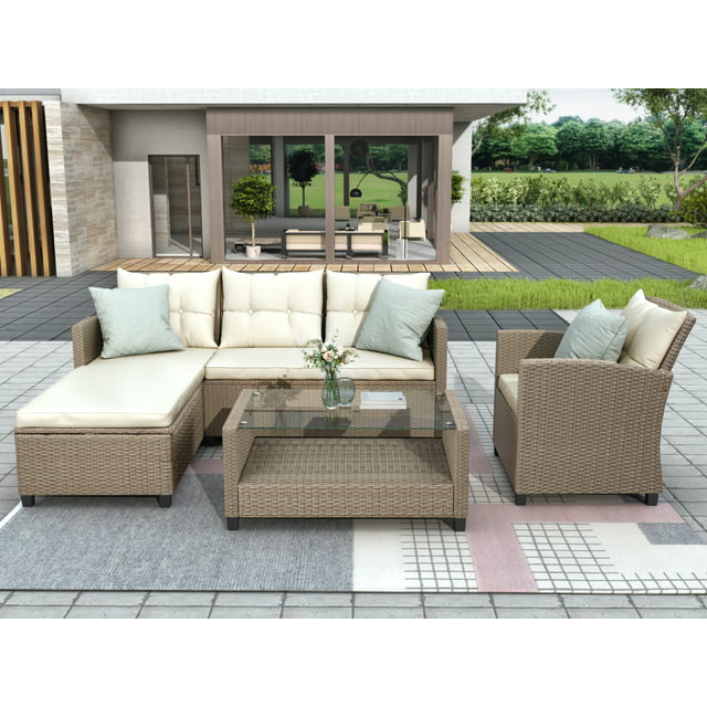 Wicker Sectional Table and Chairs Sets, 4 Pieces Outdoor Wicker Patio Furniture Set with Sectional L-Shaped Chaise Longue, Armchair, Tempered Glass Table, Cushions, for Porch Backyard Garden, S8534
