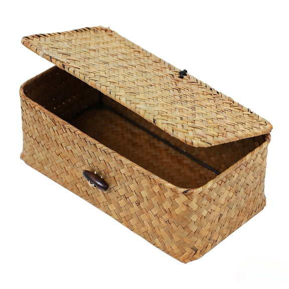 Wicker Shelf Basket with Lid, Premium Natural Seagrass Wicker Storage Basket, Handwoven Rectangular Organizer Bin for Shelves, Closets & Home Organizer Decor
