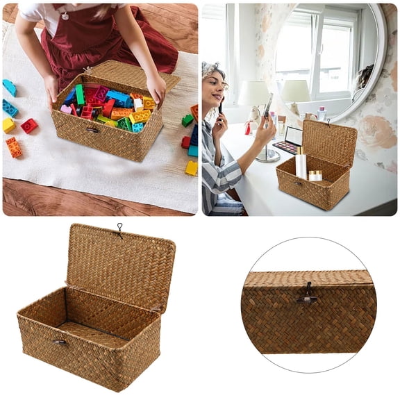 Wicker Shelf Baskets Bin with Lid 9 x 5.12 x 3.15 Inch, Handwoven Seagrass Storage Basket Rectangular, Household Basket Box for Shelf and Wardrobe Home Organizer, Storage