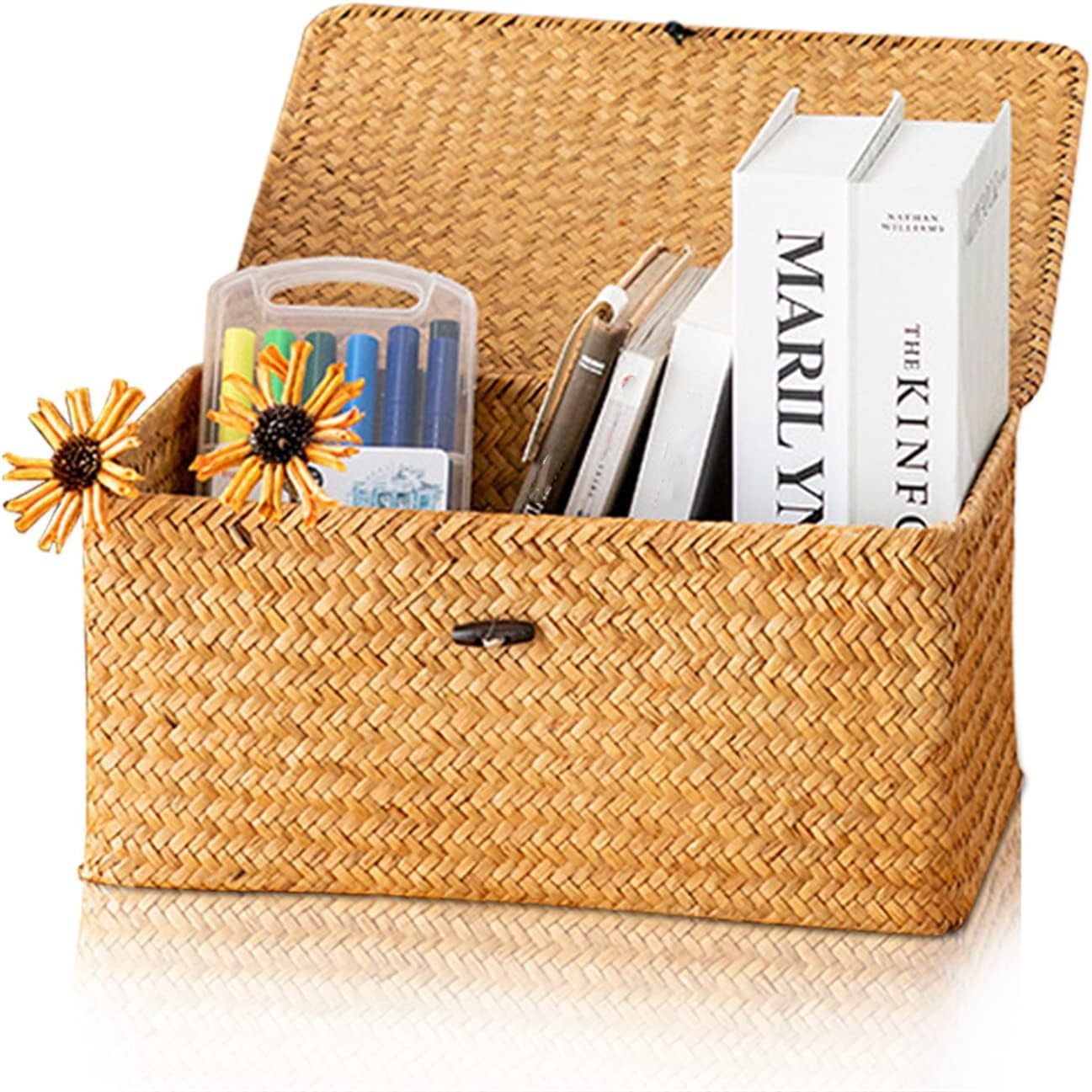 Wicker Shelf Baskets Bin with Lid, Handwoven Wicker Basket Storage Bins