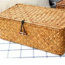 Wicker Shelf Baskets Bin with Lid, Handwoven Rattan Storage Bins with Buckles, Rectangular Household Basket Boxes for Shelf Wardrobe Home Organizer, 10.2x6.3x3.9"