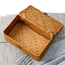 Wicker Shelf Baskets with Lid and, Handwoven Seagrass Basket for Storage, Natural Rattan Bins, Rectangular Home Organizer Gift Boxes, 10.2x6.3x3.9"