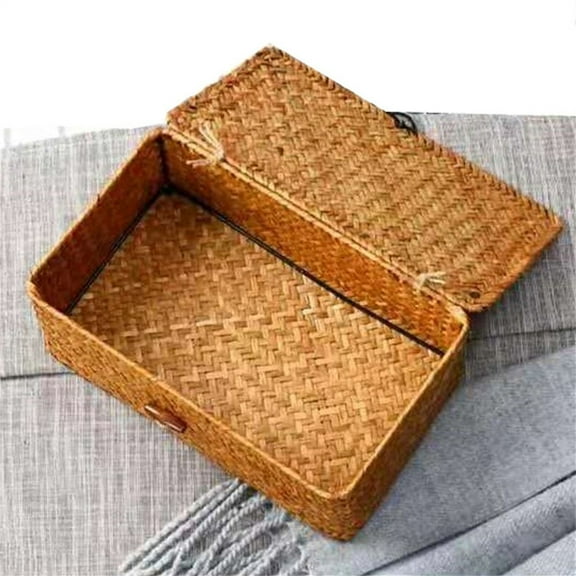 Wicker Shelf Baskets with Lid and, Handwoven Seagrass Basket for Storage, Natural Rattan Bins, Rectangular Home Organizer Gift Boxes, 10.2x6.3x3.9"
