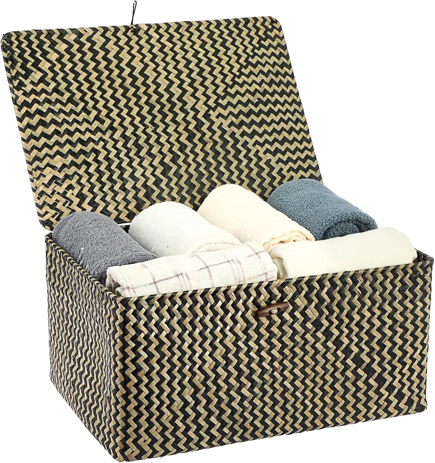 Seagrass Storage Basket With Handles - Rectangular Wicker Organizer Bin
