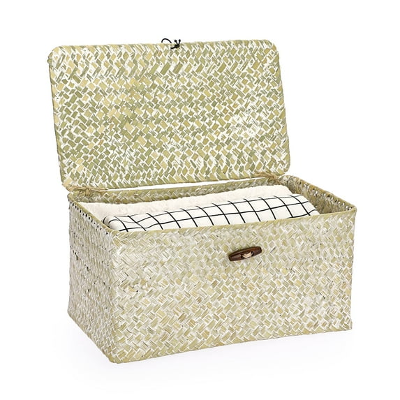 Wicker Shelf Baskets Bin with Lid, Handwoven Seagrass Basket Storage ...