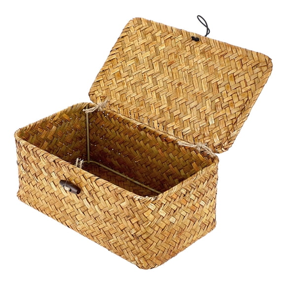 Wicker Shelf Baskets Bin with Lid, Handwoven Seagrass Basket Storage Bins Rectangular Household Basket Boxes for Shelf Wardrobe Home Organizer, Coffee X-Large