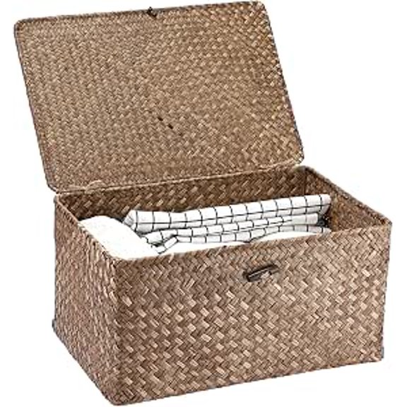 Wicker Shelf Baskets Bin with Lid Large Handwoven Basket Box, Coffee