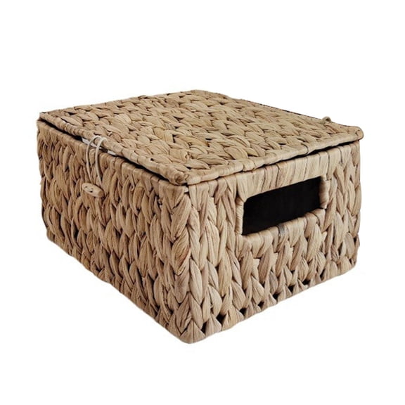Wicker Shelf Baskets with Lid Rectangular Storage Basket Bins with Built-in Handles, Handwoven Home Organizer Decor Boxes - Water Hyacinth Baskets for Shelves Closet Pantry Use