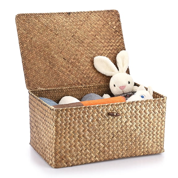 Wicker Shelf Baskets With Lid Handwoven Seagrass Storage Bins Rectangular Organizer Boxes For Wardrobe Home Shelf