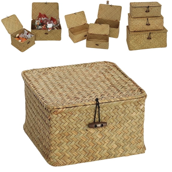Wicker Shelf Baskets with Lid, Handwoven Seagrass Storage Basket Bins Square Gift Boxes for Shelves Home Decor Organizer (Natural)