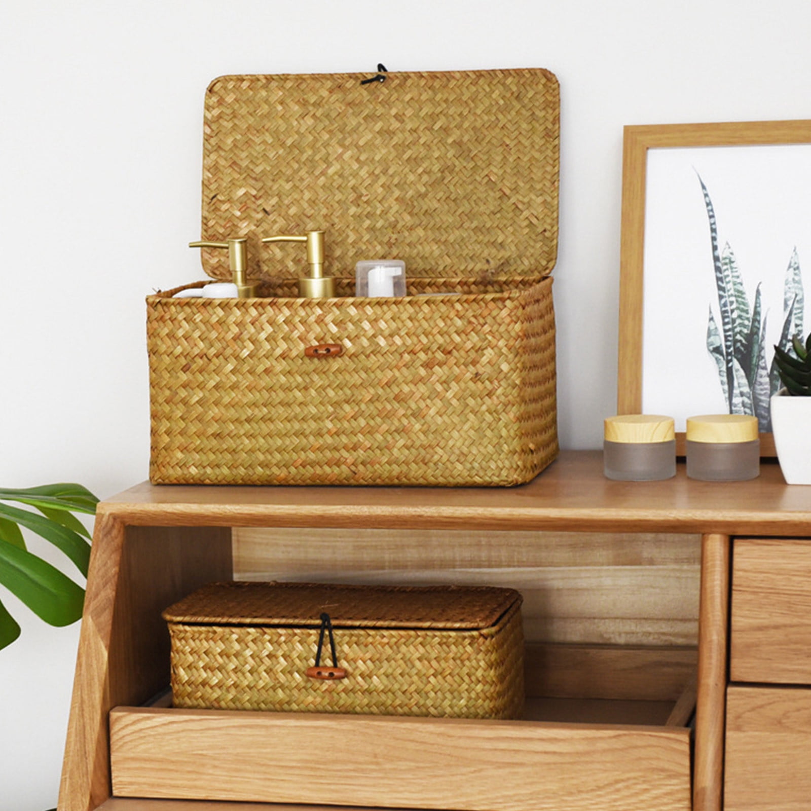 Wicker Shelf Baskets with Lid,Seagrass Storage Basket Bins Rectangular Handwoven Basket Boxes for Shelves Desktop Home Organizer