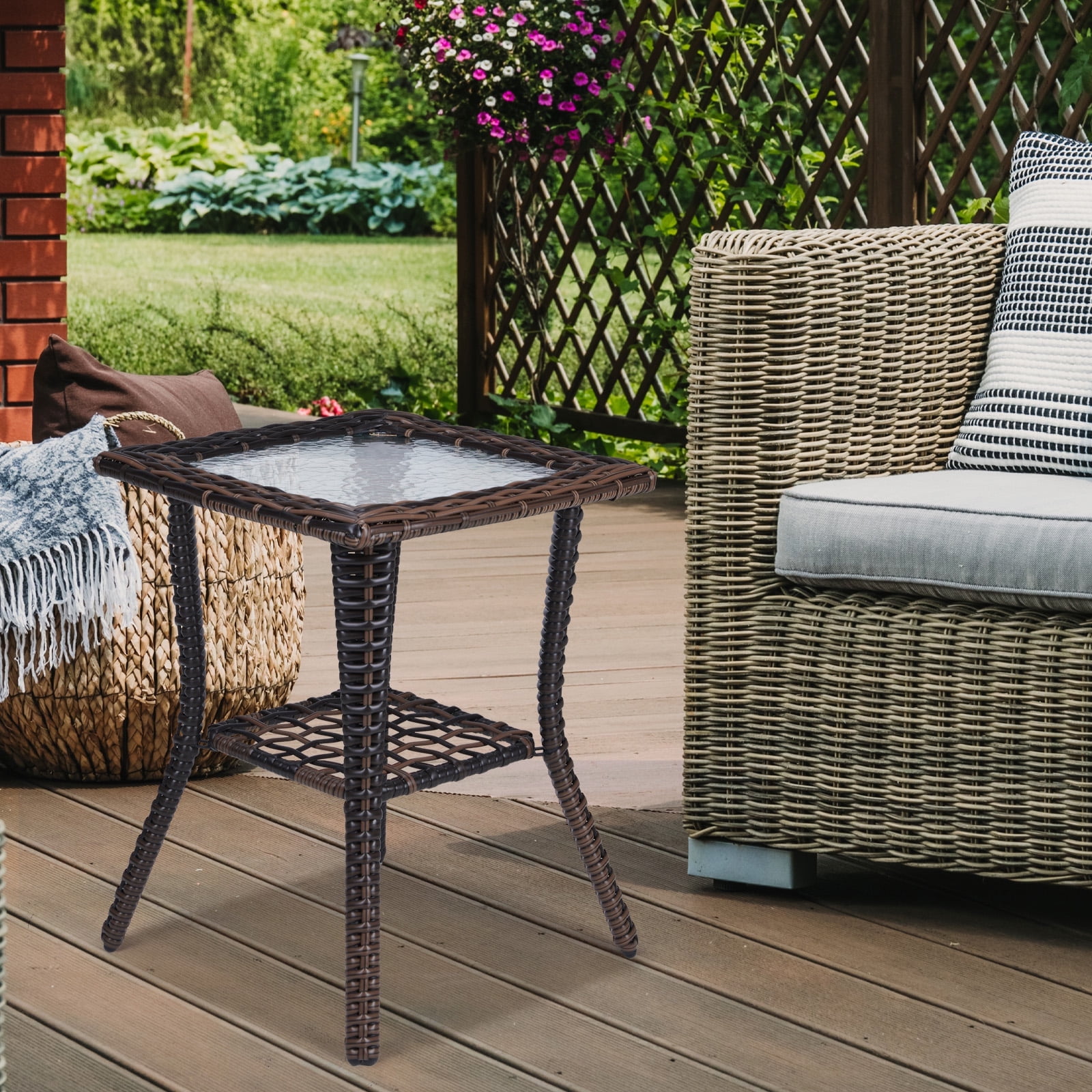 Wicker Side Table with Glass Table Top, Square PE Rattan Outdoor End Table for Patio, Garden, Poolside, Deck w/UV-Resistant Frame, Storage Space, Brown Wicker Side Table with Glass Table Top, Square PE Rattan Outdoor End Table for Patio, Garden, Poolside, Deck w/UV-Resistant Frame, Storage Space, Brown