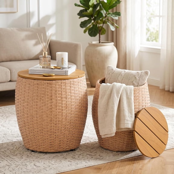 Wicker Side Table Set of 2, Round End Tables with Storage Basket, Multifunctional Barrel Side Tables for Living Room, Bedroom, Laundry