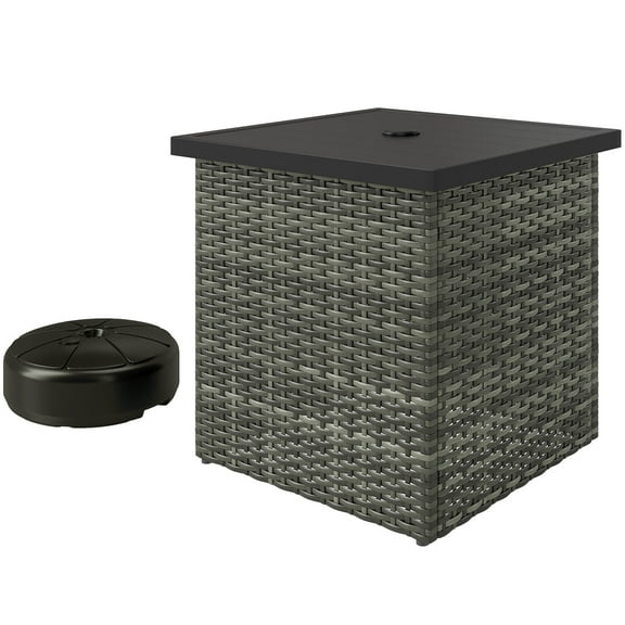 Wicker Side Table with 1.5" Umbrella Hole, Square Outdoor End Table with UV-Resistant Frame, Storage Space, Mixed-Gray
