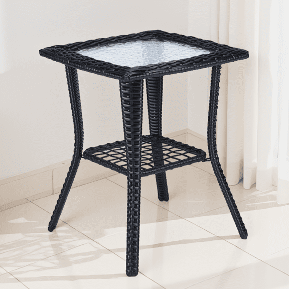 Wicker Side Table with Water Ripple Tempered Glass Top, 2-Tier Black Rattan End Table for Indoor Outdoor Use, 17.9x17.9x22.6 in