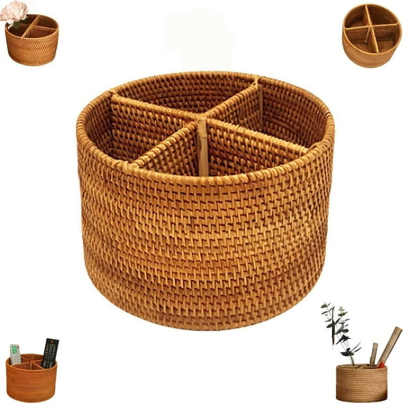 Wicker Silverware Caddy with Built-in Handle,Rattan Utensil Holder with 4 Compartments,Kitchen Utensil Holder for Countertop, Utensil Organizer for party, Natural Woven (Round B)