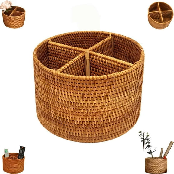 Wicker Silverware Caddy with Built-in Handle,Rattan Utensil Holder with 4 Compartments,Kitchen Utensil Holder for Countertop, Utensil Organizer for party, Natural Woven (Round B)