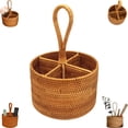 thumbnail image 1 of Wicker Silverware Caddy with Built-in Handle,Rattan Utensil Holder with 4 Compartments,Kitchen Utensil Holder for Countertop, Utensil Organizer for party, Natural Woven (Round A), 1 of 7