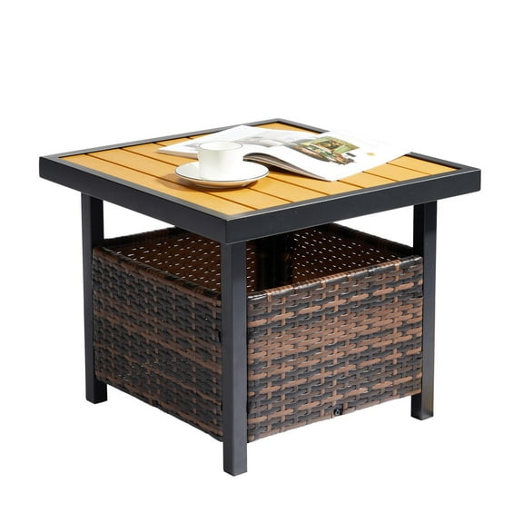 Wicker Small Patio Table, All Weather Outdoor End Side Table, Patio Furniture Double Layer Coffee Table for Bistro, Backyard, Garden, 18.11" x 18.11", JA3930