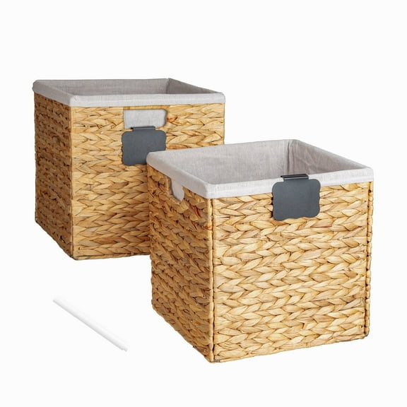 Wicker Storage Basket 12x12, Foldable Water Hyacinth Storage Baskets, Wicker Storage Cubes with Liners, Natural Seagrass Laundry Bin, Letter Boards and Chalk Marker Included, Set of 2