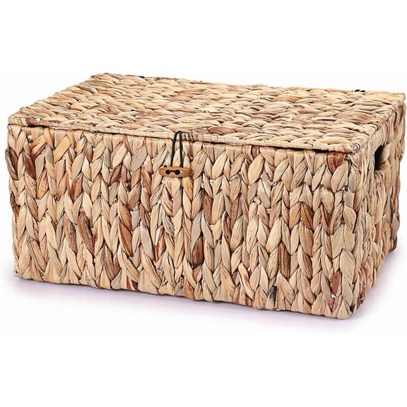 Wicker Storage Basket Bins with Lid, Large Water Hyacinth Baskets Box Rectangular Decorative Shelf Baskets Bin with Handles Handwoven Household Basket Boxes for Shelf Home Organizing