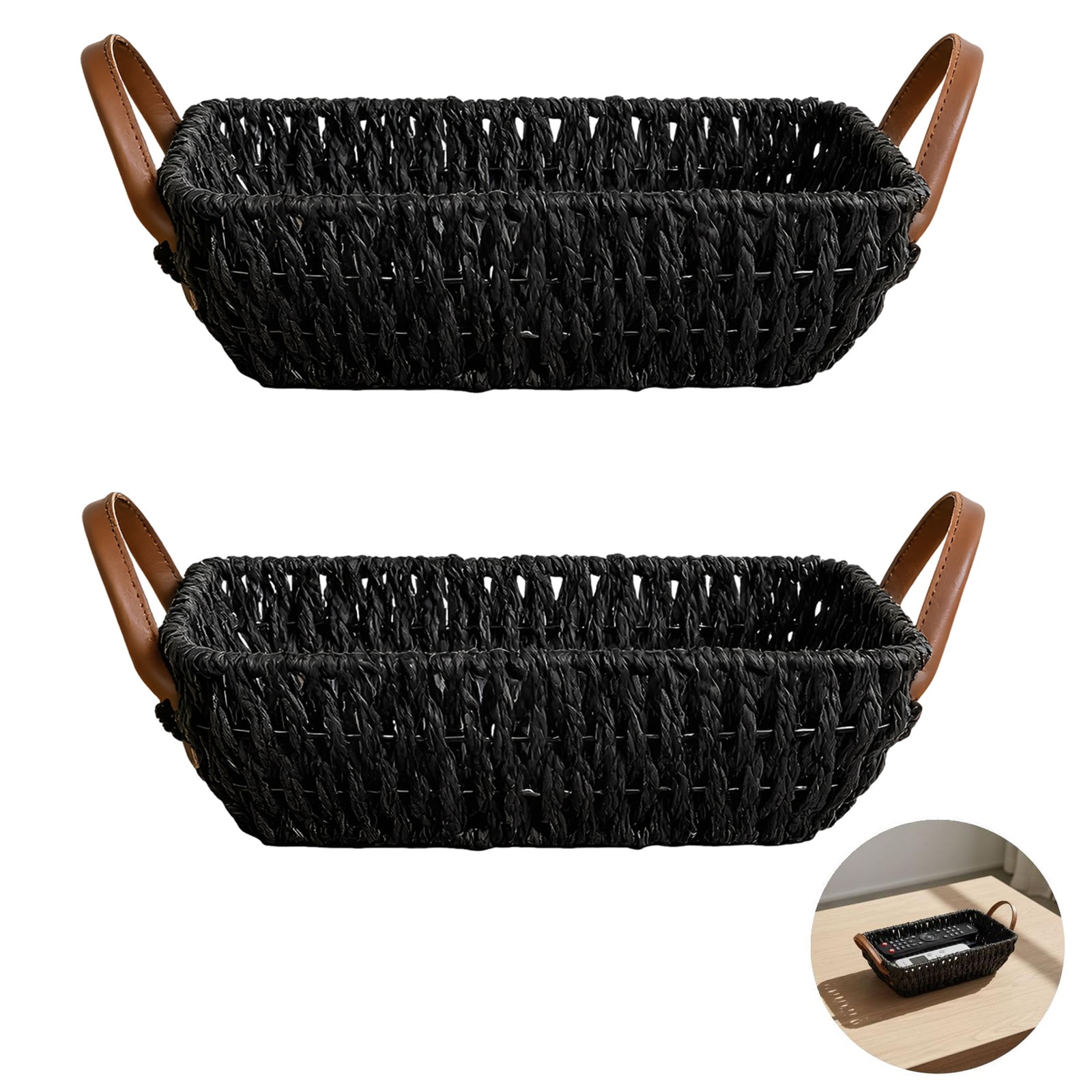 Wicker Storage Basket, Black Paper Rope Woven Bin with Leather Handles, 12.6 x 7.9 x 3.9 in, Decorative Organizer Baskets with Handles for Shelf, Table, Coffee Table