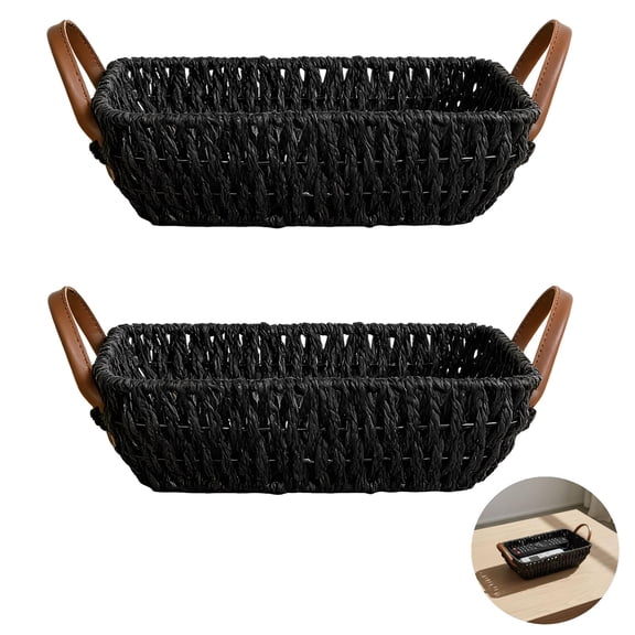 Wicker Storage Basket, Black Paper Rope Woven Bin with Leather Handles, 12.6 x 7.9 x 3.9 in, Decorative Organizer Baskets with Handles for Shelf, Table, Coffee Table