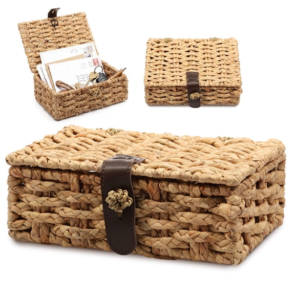 Wicker Storage Basket Decorative Box with Lid Water Hyacinth Woven Decorative box for Shelf Coffee Table Console Table Home Decor (Small)