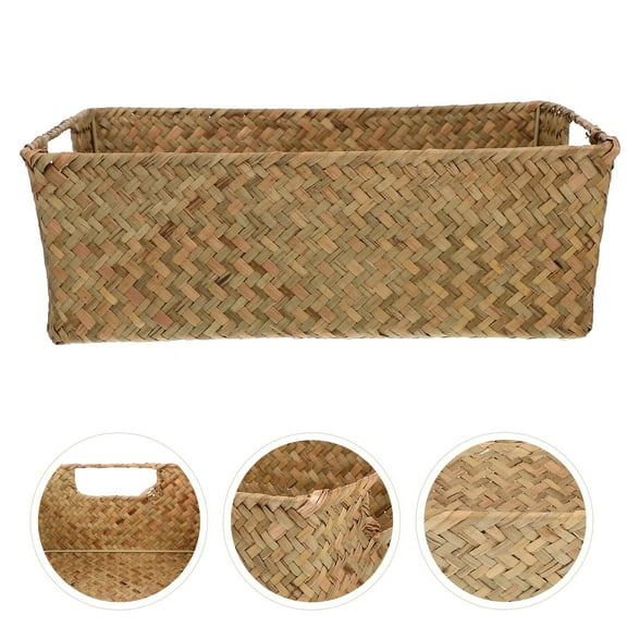 Wicker Storage Basket Hand Woven Seagrass Baskets with Handles Rectangle Natural Bread Basket for Bathroom Pantry Kitchen Closet Shelf Organizing