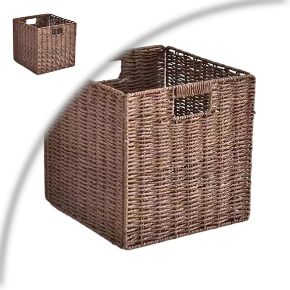 Wicker Storage Basket, Hand-Woven Storage Basket for Shelves with Handles, Foldable Cube Storage Baskets Bins Organizer, Large Wicker Baskets for Pantry Bedroom Decor