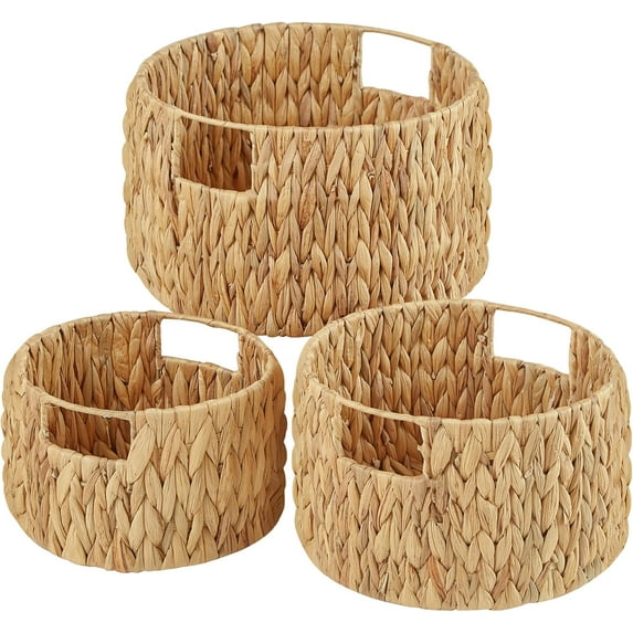Wicker Storage Basket, Hand-Woven Water Hyacinth Large Round Woven Basket With Handles, Wicker Baskets for Organizing/Storage, 3-Pack