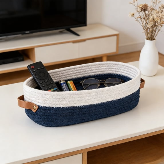 Wicker Storage Basket with Leather Handle – Paper Rope Decorative Toilet Paper Baskets & Bathroom Organizer for Toilet Tank Top, Shelves, Bedroom, Countertop,Home,Office Storage Bins (D)