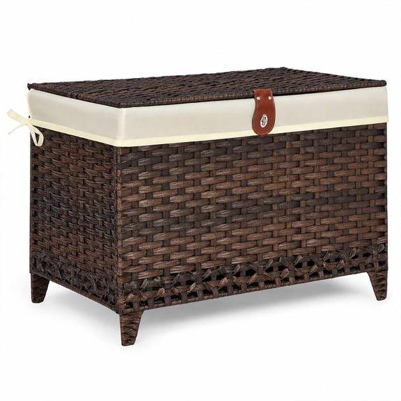 Wicker Storage Basket with Lid, 105L Shelf Basket with Removable Liner Bag | Rattan-Inspired Woven Design, Elevated Feet, Storage Trunk for Wardrobe, Bedroom & Home Organization