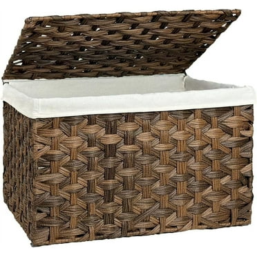 Wicker Storage Basket with Lid, 27.7 Gallon (105L) Large Blanket Basket with Lid, Woven Storage Bin with Handles, Removable Liner, Metal Frame, Foldable, for Bedroom, Laundry Room, Brown