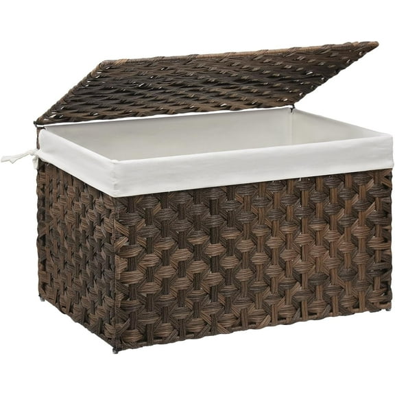 Wicker Storage Basket with Lid, 27.7 Gallon (105L) Large Blanket Basket with Lid, Woven Storage Bin with Handles, Removable Liner, Metal Frame, Foldable, for Bedroom, Laundry Room, Brown