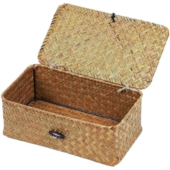 Wicker Storage Basket with Lid, Natural Seagrass Storage Baskets for Organizing, Rectangular Woven Basket for Storage, Decorative Boxes Bins with Lids Home Organizer Decor
