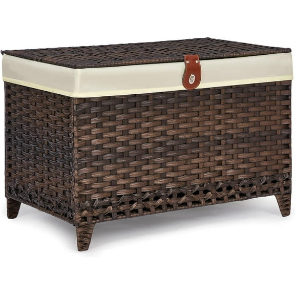 Wicker Storage Basket with Lid,Rattan Shelf Basket with Removable Liner Bag,200L Storage Bin,Storage Trunk with Heightened Feet,Storage Container for Wardrobe,Home Organizer