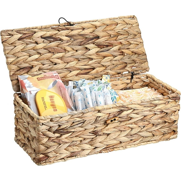 Wicker Storage Basket with Lid Rectangle Wicker Basket with Lid for Toiletries Tampon Storage,Toilet Tank Topper Basket Water Hyacinth Storage Baskets for Shelf Bathroom Toilet Table