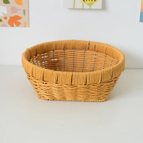 Wicker Storage Basket Light Brown Circular Woven Bin Natural Wood Handle Textured Weave Pattern Pantry Counter Shelf Storage Kitchen Organizer