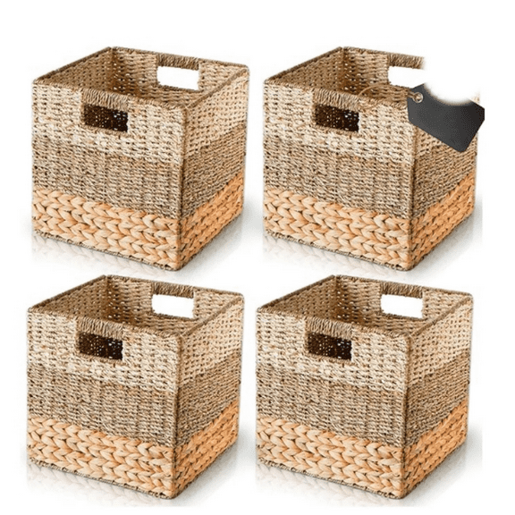 Wicker Storage Basket, Natural Wicker Cube Storage Bin, Hyacinth Cube Storage Baskets, Wicker Baskets, Rattan Woven Baskets, Cube Storage Baskets 11 x 11, Wicker Baskets for Organizing
