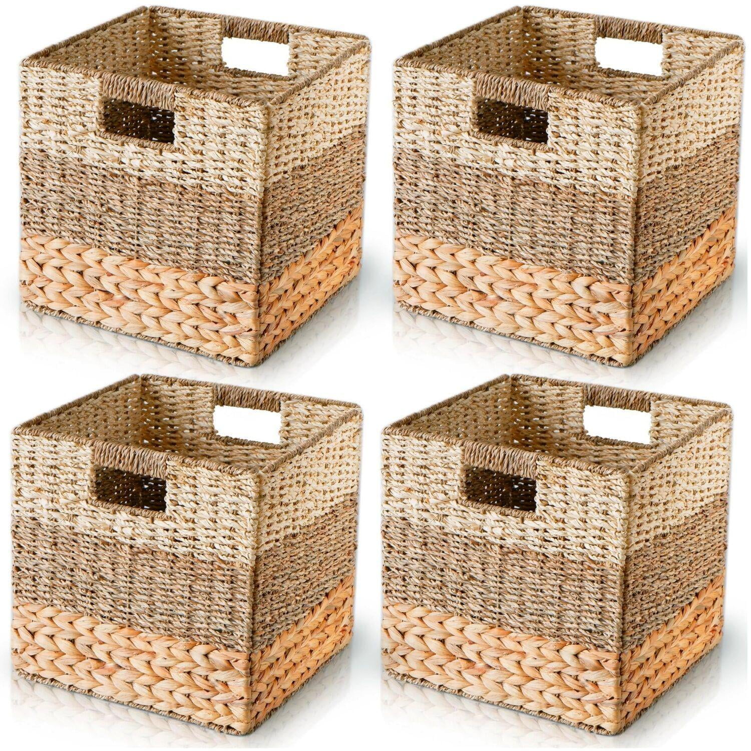 Wicker Storage Basket, Natural Wicker Cube Storage Bin, Hyacinth Cube Storage Baskets, Wicker Baskets, Rattan Woven Baskets, Cube Storage Baskets 11 x 11, Wicker Baskets for Organizing