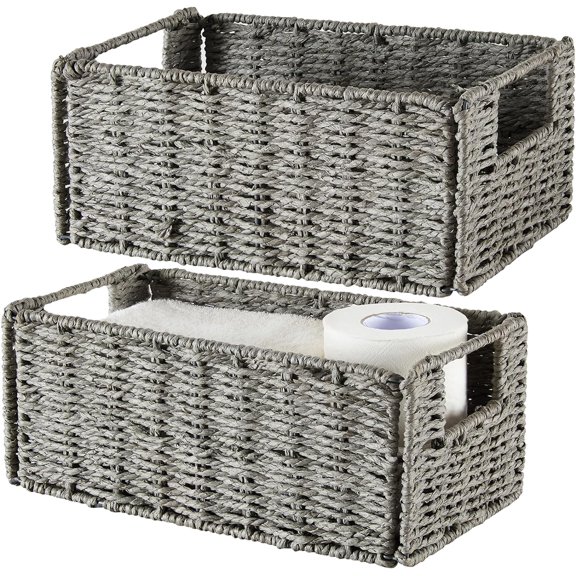 Wicker Storage Basket, Set of 2 Hand-Woven Paper Rope Wicker Basket, Small Storage Baskets for Organizing Toilet Paper Basket, Foldable Large Cube Storage Organizer Bins for Shelves (Grey)